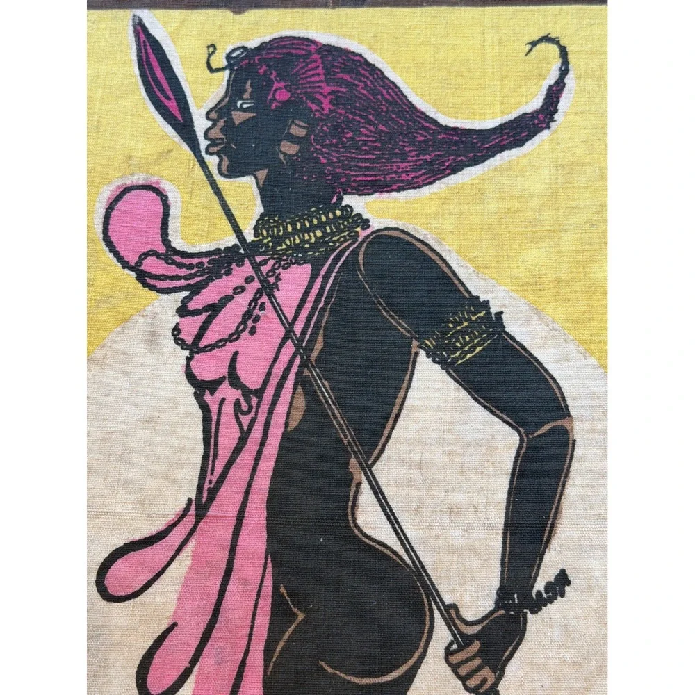 VTG Mid Century Modern African Warrior Dancer Fabric Print Silhouette Art MCM